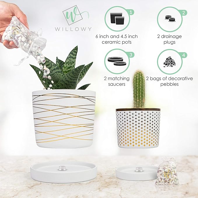 Willowy White and Metallic Gold Pot Bundle - 6 Inch and 4.5 Inch pots - Includes Saucers, Drainage Plugs, and Decorative Pebbles