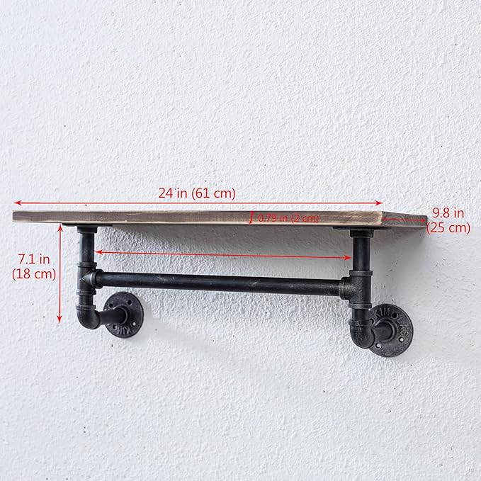 Industrial Pipe Shelving,Iron Pipe Shelves Industrial Bathroom Shelves with Towel bar,24in Rustic Metal Pipe Floating Shelves Pipe Wall Shelf,1 Tier Industrial Shelf Wall Mounted,Retro Brown