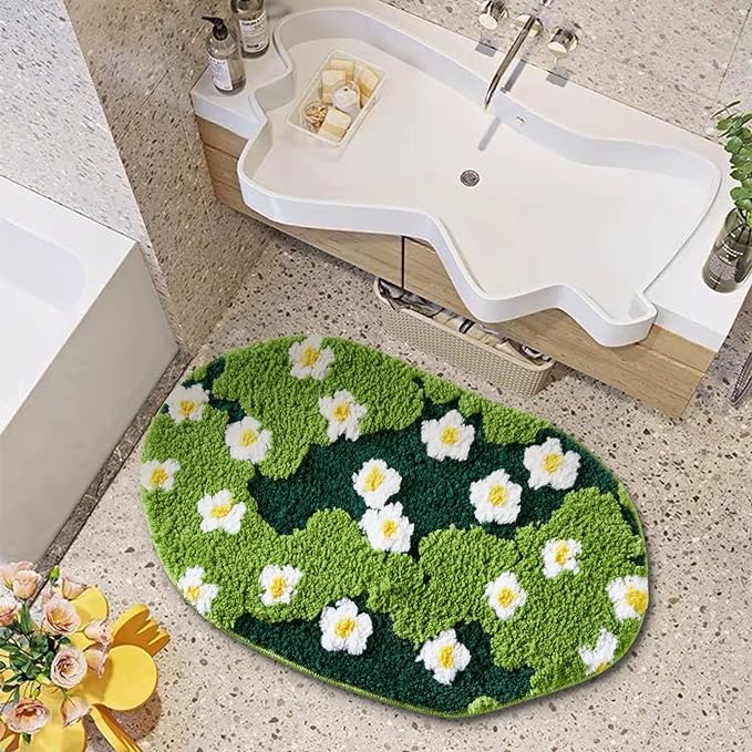 Cute Green Floral Bath Mat Microfiber Moss Bathroom Rug 16''W x 24''L Non Slip Washable, Modern Chic Boho Aesthetic Trendy Shaggy Bathroom Shower Floor Mat Absorbent