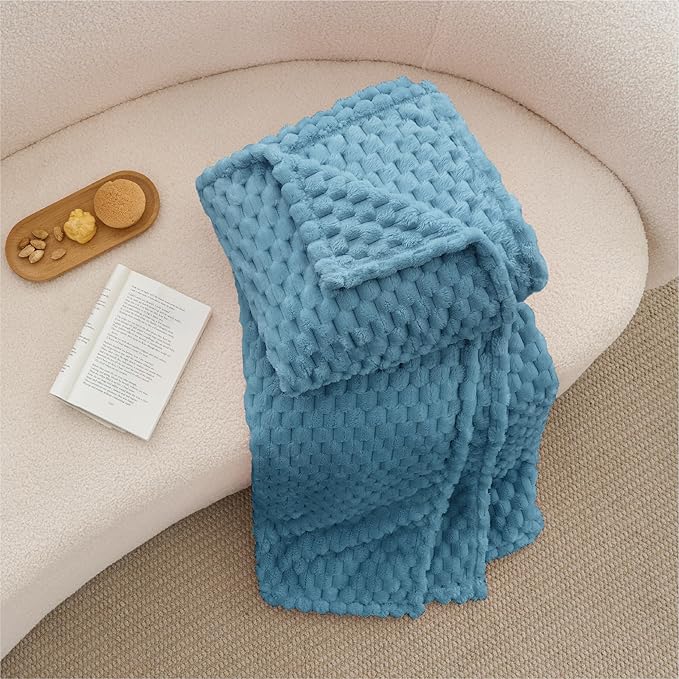 BEDELITE Fleece Blanket Twin for Bed Couch, 3D Jacquard Decorative Blue Throw, Soft Cozy Warm Plush Fuzzy, 60x80Inches