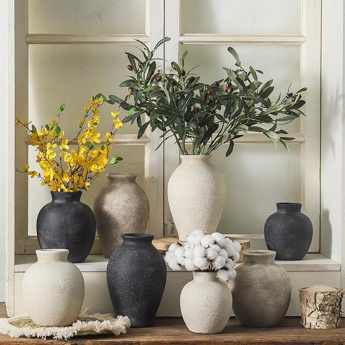 Ceramic Flower Vase Home Decor - Farmhouse Table Vases Rustic Vintage Living Room Kitchen Bedroom Decorations for House Book Shelf Office Coffee Desk Dining Fireplace (7.4" Black)