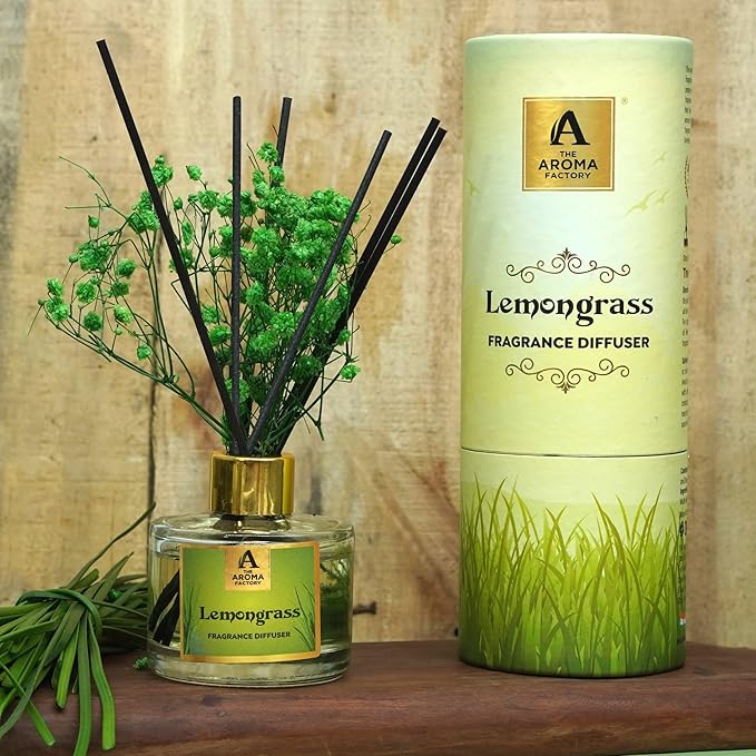 The Aroma Factory Fragrance Reed Diffuser Set with Natural Essential Oil, Aroma Sticks & Real Preserved Flowers | Luxury Home Decor Scent (Lemongrass, 1 Pack)