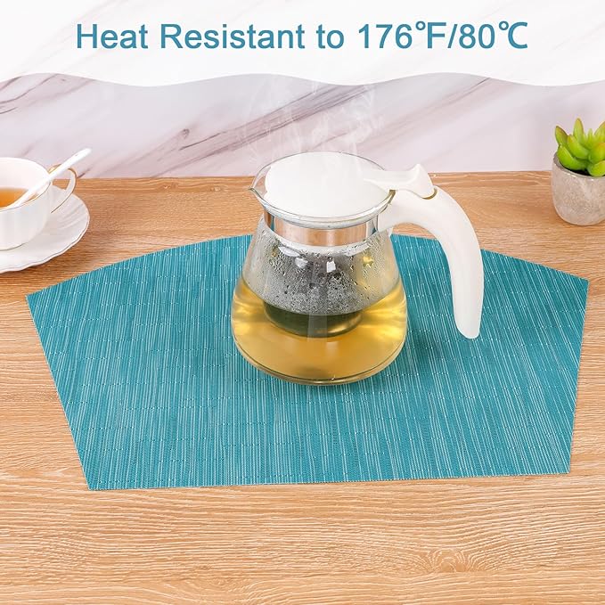SHACOS Wedge Placemats Set of 8 Woven Vinyl Plastic Placemats for Round Table Place Mats Wipe Clean Non Slip Table Mats, Teal Blue