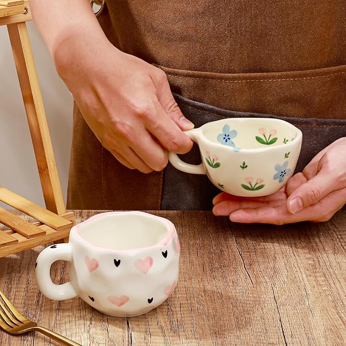 Koythin Ceramic Coffee Mug, Handmade Hot Chocolate Mugs, Cute Cup for Girl Women, Aesthetic Tea Milk Cup with Handle, 8.5 oz/250 ml for Latte, Cocoa, Office, Home (Blue Tulip Flowers)