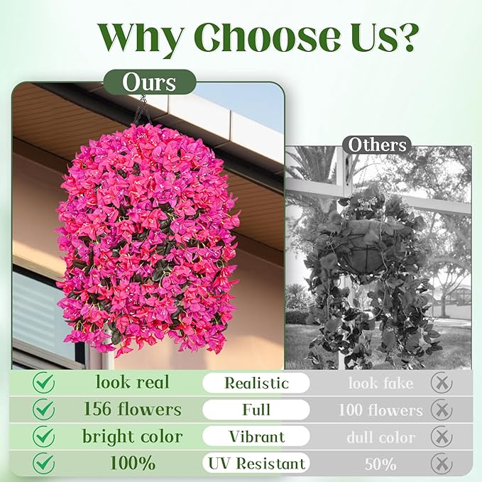 8 Pcs UV Resistant Artificial Flowers for Outdoors, Realistic Faux Silk Bougainvillea Flowers, Fake Hanging Plants for Porch Patio Balcony Decoration (Rose red & Purple)