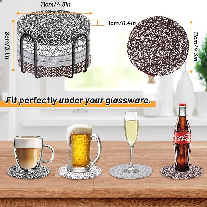 Mckanti 8 Pcs Coasters for Drink with Holder, 4 Colors Absorbent Coasters for Drinks, Minimalist Cotton Woven Coaster Set for Home Decor Tabletop Protection Suitable for Kinds of Cups, 4.3 Inches.