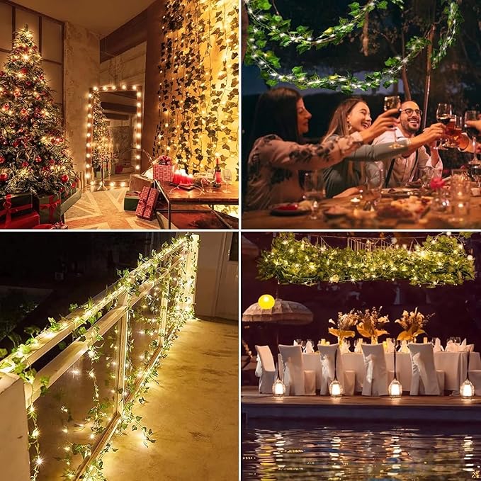 Fake Vines for Room Decor Artificial Ivy Garland with 100 LED String Light Hanging Plants Faux Greenery Leaves Bedroom Aesthetic Decor for Home Garden Wall Wedding(6Pack with 100LED)