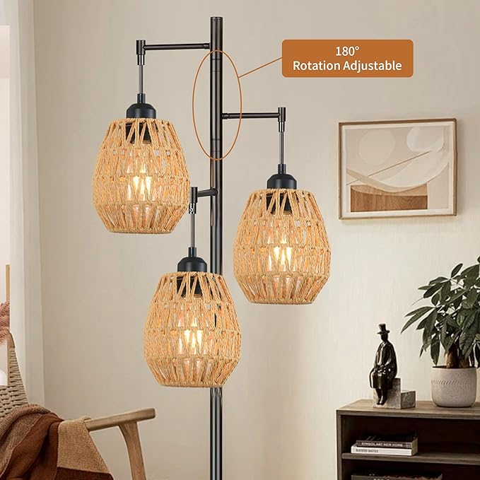 Boho Floor Lamp for Living Room,Industrial Rattan Floor Lamp with 3 Rattan Woven LampShade,Black Standing Lamp Rustic Tall Lamp Light Wicker Tree Floor Pole Lamp for Bedroom,Office,Corner