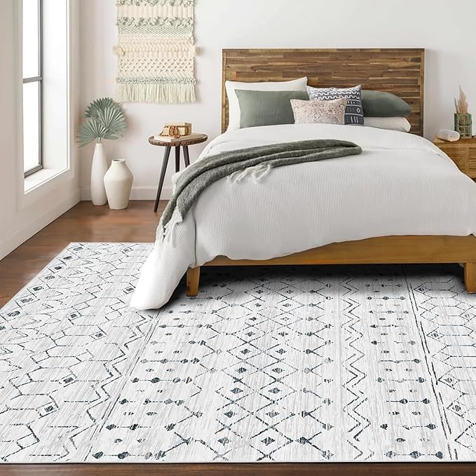 Deerly Moroccan Area Rugs 5x7 Washable Rug Distressed, Boho Farmhouse 5x7 Rug with Non-Slip Backing, Soft Low Pile Indoor Floor Carpet Neutral Rug for Bedroom Playroom, White/Dark Grey
