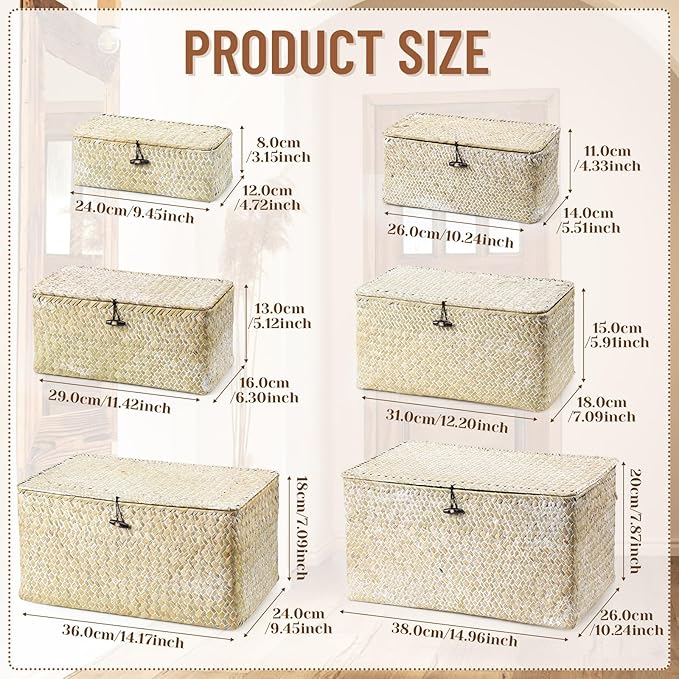 Kigley 6 Pcs Seagrass Basket with Lid Wicker Storage Decorative Boxes with Lids Bin Woven Organizer for Shelf Closet Bedroom, 6 Sizes(Classic Style,White)