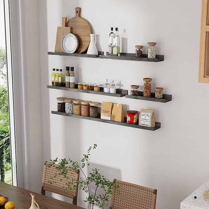 Picture Ledge Shelf, Solid Pine Wood Rustic Floating Shelves for Wall, 16 Inch Floating Shelves with Lip for Bedroom Kitchen Living Room Nursery Display Wall Decor, Set of 2 (Grey)