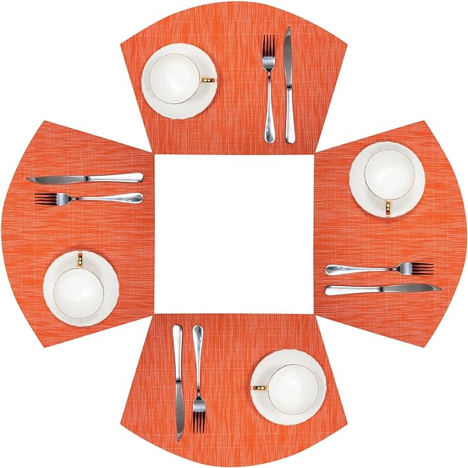 SHACOS Small Round Table Placemats Set of 4 Wedge Placemats Heat Resistant Woven Vinyl Table Mats Wipe Clean (4, Orange)