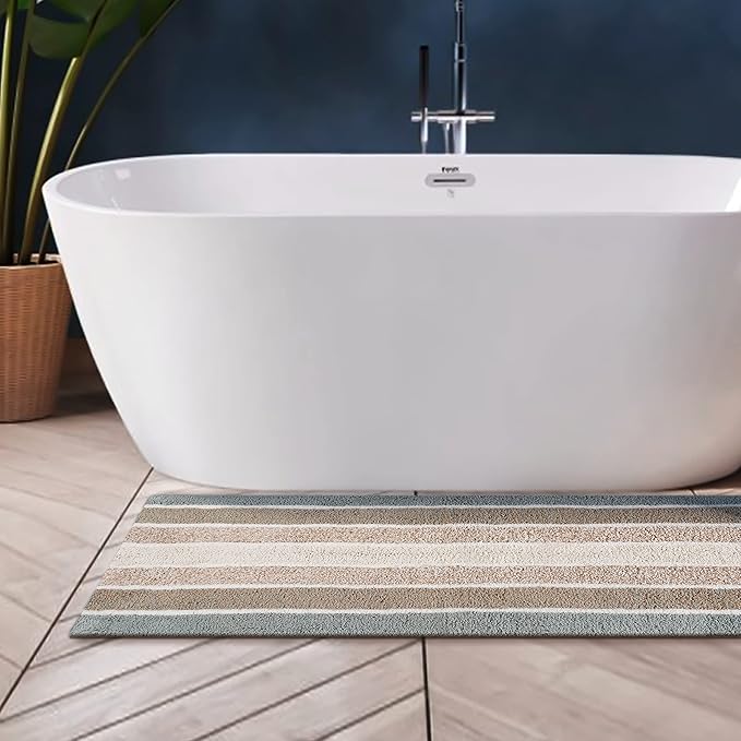 Bathroom Rugs Runner Bath Rug Grey Beige 24x60 Inches Alpine Stripe Non-Slip Cotton Long Bath Mats for Bathroom Floor |Quick Dry Bathroom Mat for Tub Spa Shower|Living Room Entry Way Door Mats