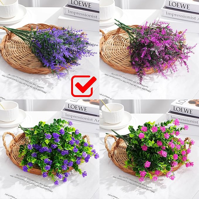 Artificial Flowers, Lavender Fake Flowers 12 Bundles UV Resistant Shrubs Faux Plastic Greenery Plants Hanging Planter Flora Fence Indoor Outside Wedding Indoor Farmhouse Decor (Violet)