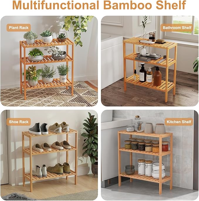 kinbor Bamboo Rack Multifunctional Bathroom Kitchen Living Room Holder Plant Flower Stand Utility Storage Shelf (3-Tier)