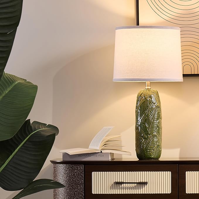 25" Ceramic Table Lamp Green Nightstand Pottery Lamp with White Shade Modern Bedside Desk Lamps with Leaf Pattern for Living Room Bedroom