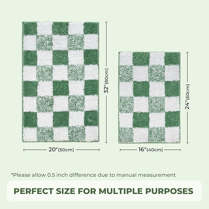 GRANNY SAYS Checkered Green Bathroom Rugs,32" x 20",Fluffy Rug, Absorbent Microfiber Ultra Soft Bath Mat Washable, Non-Slip Bath Mats for Bathroom, Cute Floor Mat for Tub, Shower, Bedroom