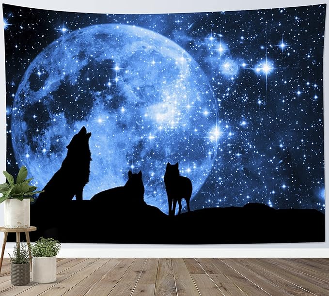 HVEST Wolf Tapestry Wolves on Mountain Wall Hanging Full Moon in Starry Sky Tapestries for Kids Bedroom Living Room Dorm Party Wall Decor,92.5Wx70.9H inches