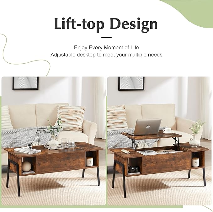 VECELO Wood Lift Top Coffee Table with Hidden Compartment and Storage Shelf for Living Room/Office Reception, Rising Tabletop, Brown