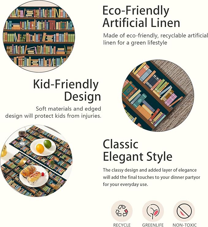 Bookshelf Placemats Set of 6,Library Book Place Mats Heat Resistant Washable Non-Slip Table Mats for Party Kitchen Dining Decor 12x18 Inch