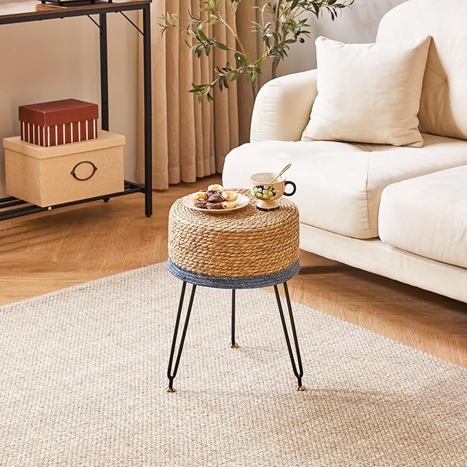 YMYNY Footstool Natural Seagrass Hand Weave, Vanity Makeup Stool, Pastoral Style, Padded Foot Rest with Metal Legs, Foot Rest Sofa Stool, for Living Room, 12.59"L×12.59"W×17.71"H Natural&Blue UHBD029Q