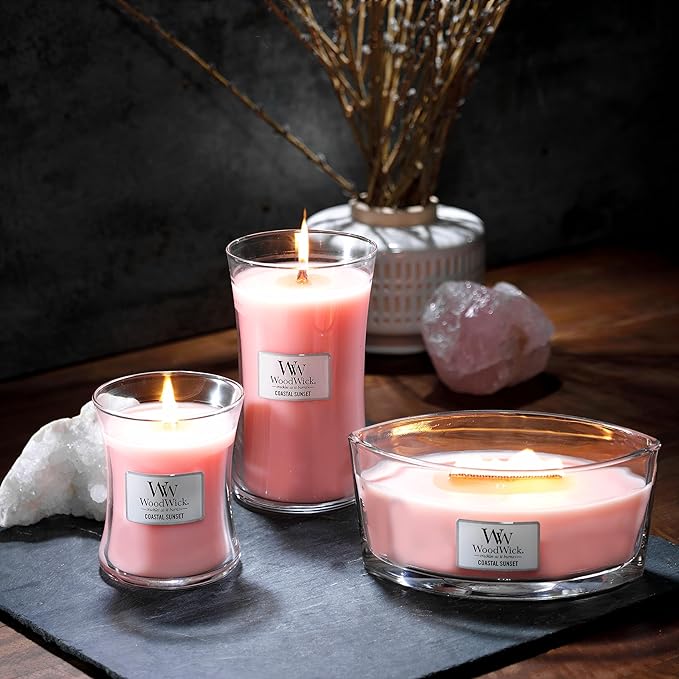WoodWick Medium Hourglass Candle, Coastal Sunset Scent, Crackles as it burns, Premium Soy Blend Wax, 9.7oz, Perfect for gifting