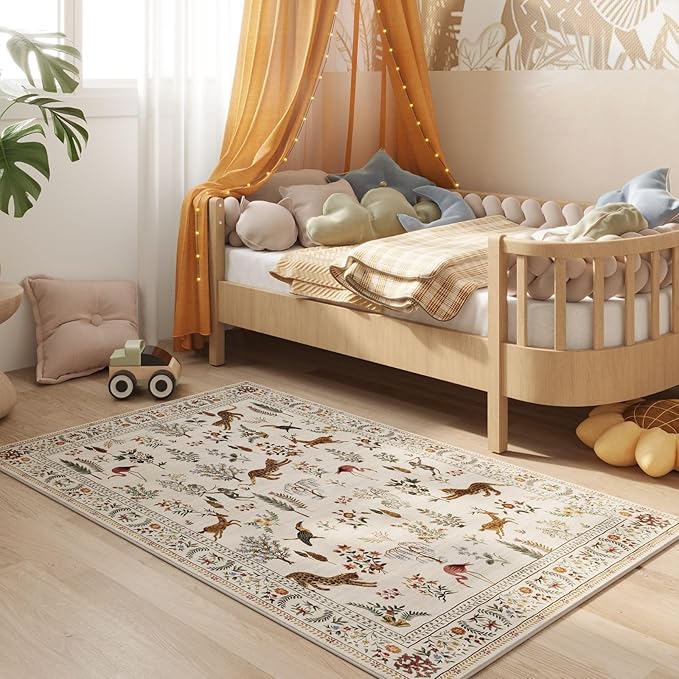 Area Rug 4x6 Rug Washable Boho Rugs Non Slip Low Pile Floral Animal Small Carpet for Bedroom, Bedside, Kids Room, Office, Dining Room (Beige)