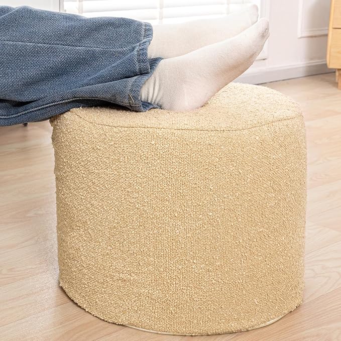 Asuprui Supportive Boucle Ottoman Foot Rest Elevate Your Living Room Decor with Lightweight Pouf Ottoman Filler and Comfort Cover Modern Foam Stuffed Poof Perfect to Rest Your Feet (Light Coffee)