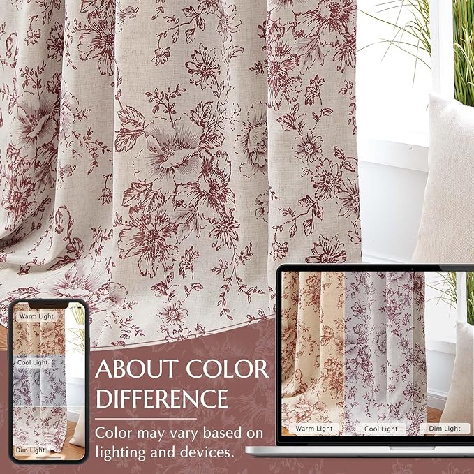 jinchan Blackout Linen Blend Curtain Floral Blackout Curtains for Living Room 90 Inch Length Brick Red Printed with Lined Blackout Curtain for Bedroom Farmhouse Curtains Set 2 Panels