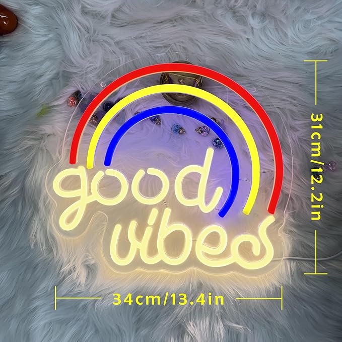 Rainbow GOOD VIBES Neon Sign - Multicolor Positive Vibes Light for Bedroom, Yoga Studio, Cafe, USB Dimmable, Shatterproof Wall Decor, Inspirational Gift(13x12 Inch)