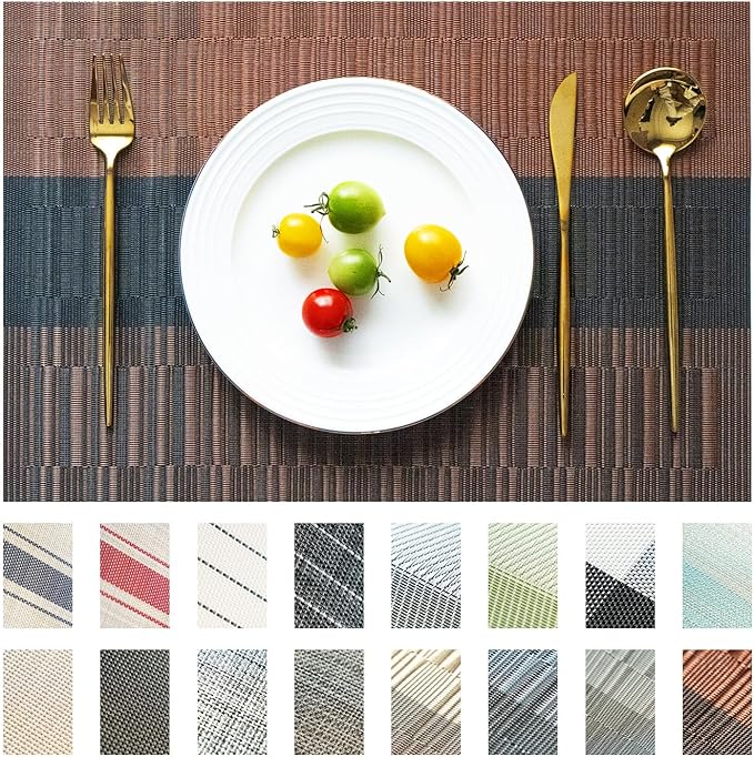 Placemats Set of 12 Vinyl/Plastic Woven Place Mats for Kitchen Table Indoor/Outdoor Washable Placemat Wipeable Dining Table Mats (Ombre Brown Black,12)