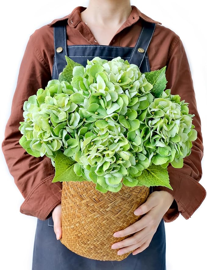 4PCS Real Touch Faux Hydrangea Flowers, 21" Green Latex Silk Flowers for Decoration,Vintage Fake Bouquet Flowers for Wedding Centerpieces Tables Party Outdoor Home Baby Showers