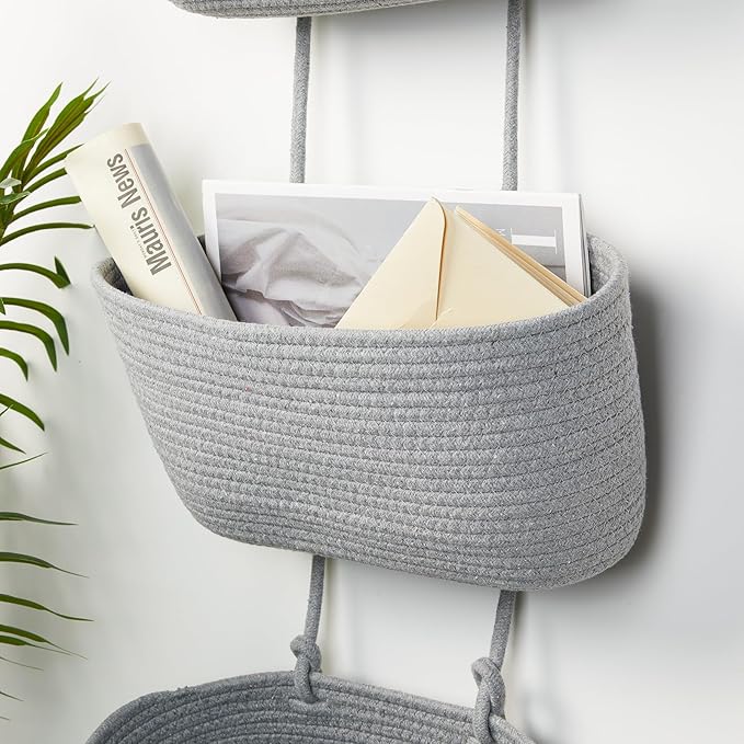 DULLEMELO Wall Hanging Basket for Home Decor 3-Tier Woven Cotton Wall-Mounted Hanging Storage Basket, Decorative Woven Storage Basket with Door Hooks, Gray