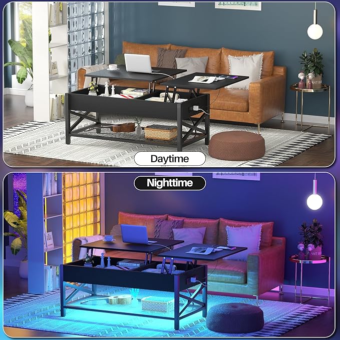Aheaplus Black Lift-Top Coffee Table with LED Light, Power Outlets and Storage Shelf, 41.7"W x 19.69"L x 19.7"H