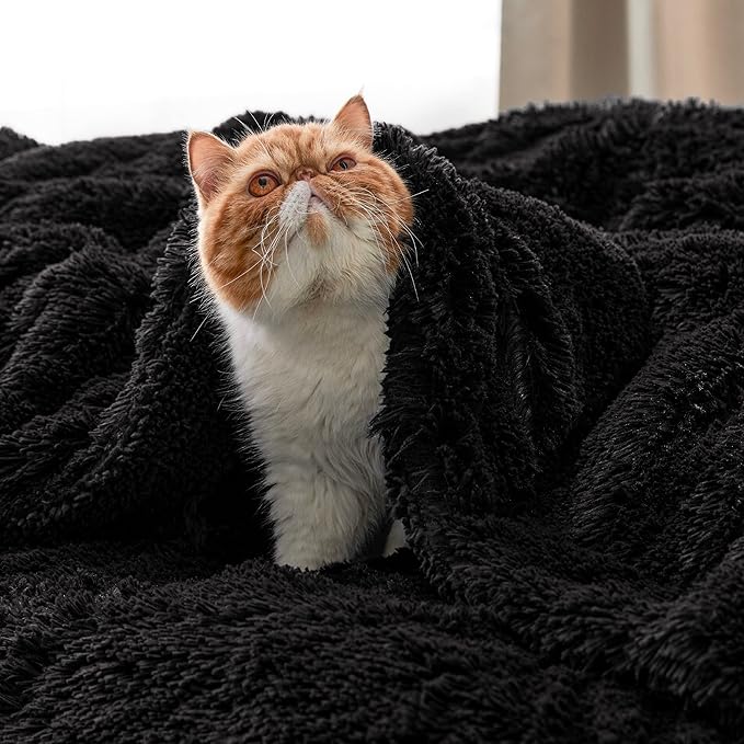 Bedsure Fluffy Black Throw Blanket Gifts for Women, Men, Soft Fleece Cozy Fuzzy Sherpa Plush Warm Minky Thick Faux Fur Throws for Couch, Bed, Black Decor House Blanket Gifts for Mom Dad, 50x60