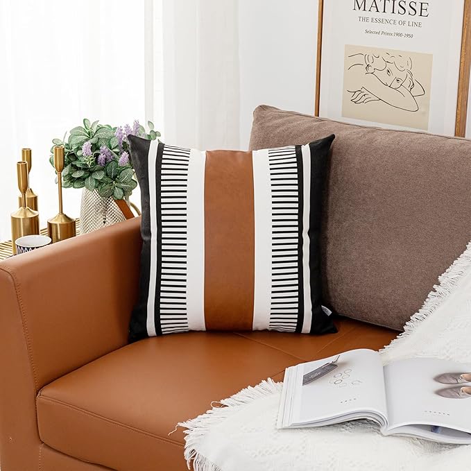 Black White Boho Pillow Cover with Leather Modern Couch Cushion Cover 22x22 inch Farmhouse Stripe Pillowcase for Couch Bed, Black
