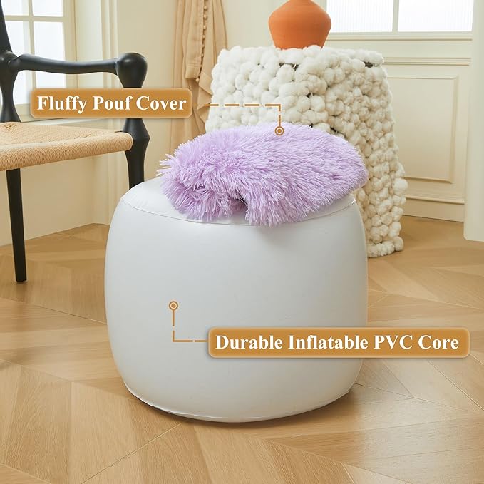XeGe Fluffy Faux Fur Inflatable Pouf Ottoman, Soft Fuzzy Foot Stool Light Purple, Furry Footrest Floor Pouf Anti-Slip Kid Girls Adult, Foldable Round Ottoman Cushion Living Room Bedroom, Lavender