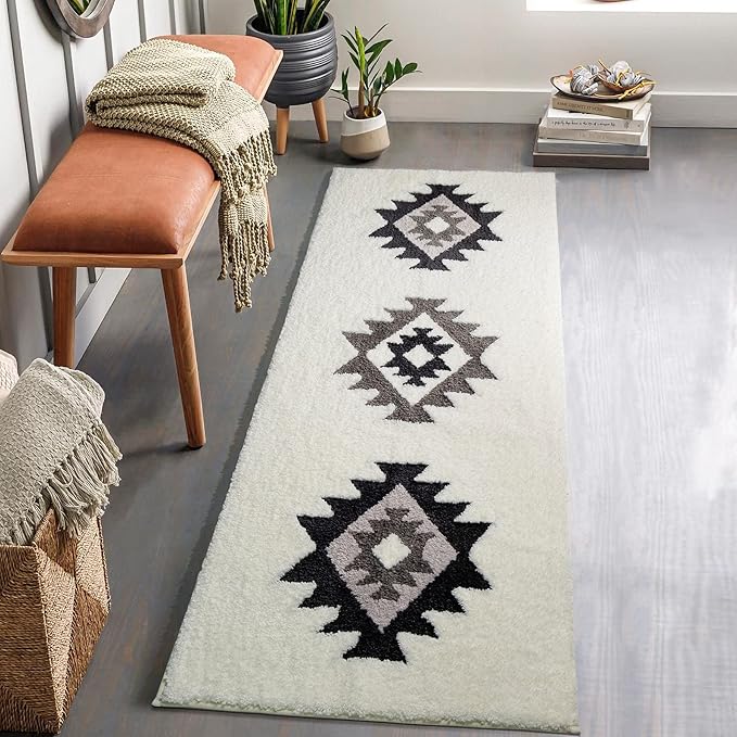 DEXDE Bathroom Runner Rugs 24x60 Boho Long Bath Mat for Bathroom Bedroom Hallway Kitchen Luxury Soft Absorbent Large Bath Rugs Bohemian Carpet Geometric Farmhouse Decor, Black White