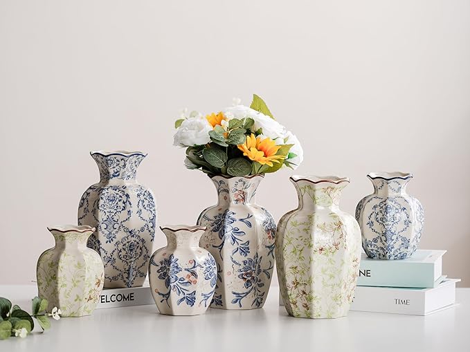 Blue and White Vase, Vintage Blue Ceramic Flower Vessel,Ceramic vases for Home Decor,Vintage Green and Beige for Console Table Mantle Chinoiserie Decor (Green and Beige-01, Large)