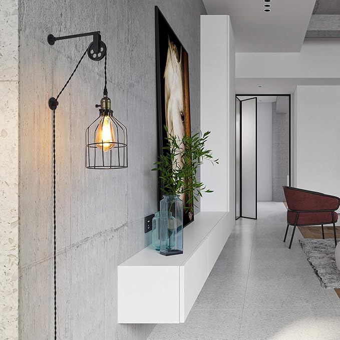 Industrial Wall Sconce Lights Lift Pulley Design Vintage Farmhouse Wall Lamps for Living Room Decor, Retro Mounted Fixture with Wheel Pendant Lamp for Bedroom(No Bulb)