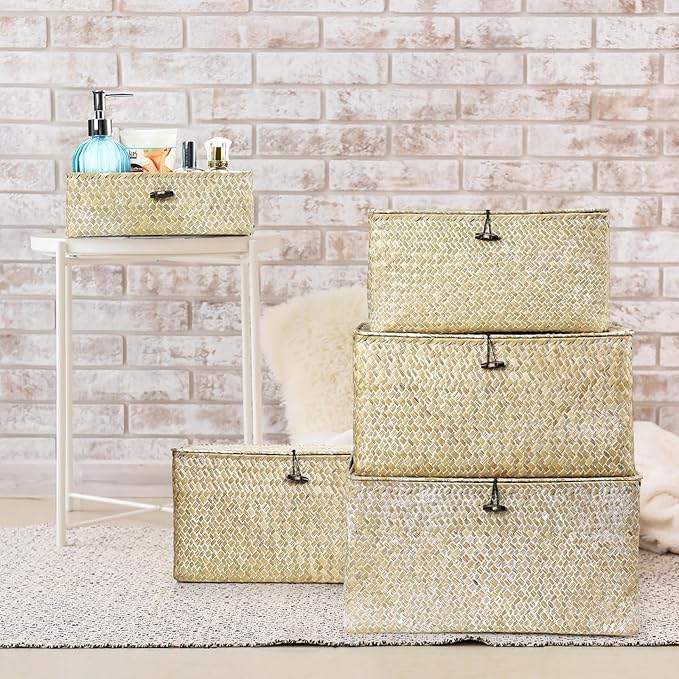 Kigley 6 Pcs Seagrass Basket with Lid Wicker Storage Decorative Boxes with Lids Bin Woven Organizer for Shelf Closet Bedroom, 6 Sizes(Classic Style,White)