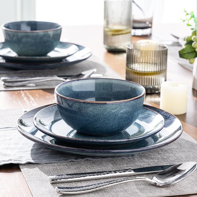 AmorArc Ceramic Dinnerware Sets for 8, 24 Pieces Handpainted Plates and Bowls Set, Scratch Resistant Stoneware Dishes Set, Dishwasher & Microwave Safe, Ceylon Blue