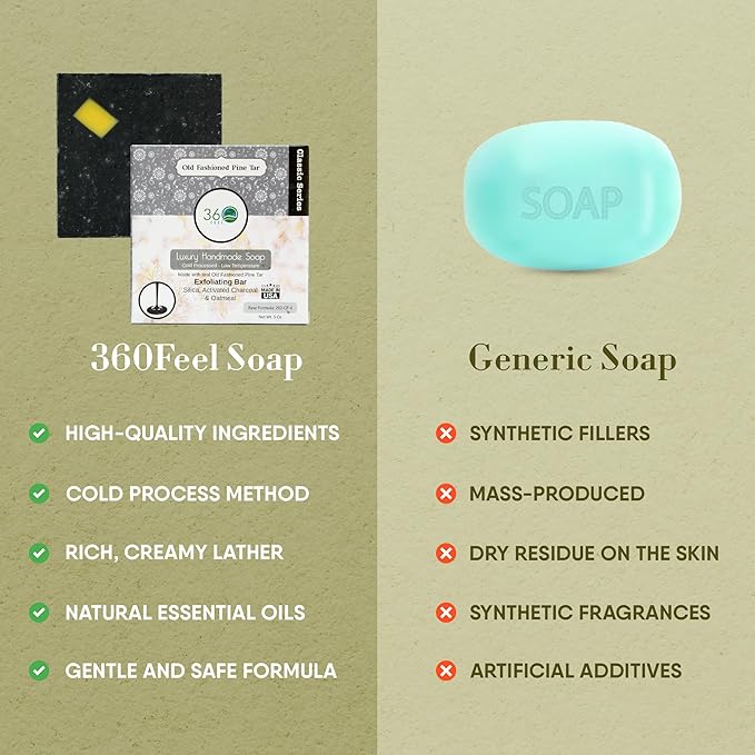 360Feel Pine Tar Soap - Handcrafted Castile Soap Bar with Soothing Scent - Handmade with Essential Oil - Suitable Gift for Anniversaries, Weddings, and Holiday Stockings - Rich Lather