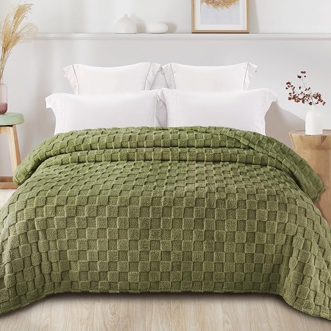 Exclusivo Mezcla Twin Size Flannel Fleece Blanket, Super Soft and Warm Lightweight Checkered Pattern Blankets for All Seasons, 60x80 Inches, Olive Green