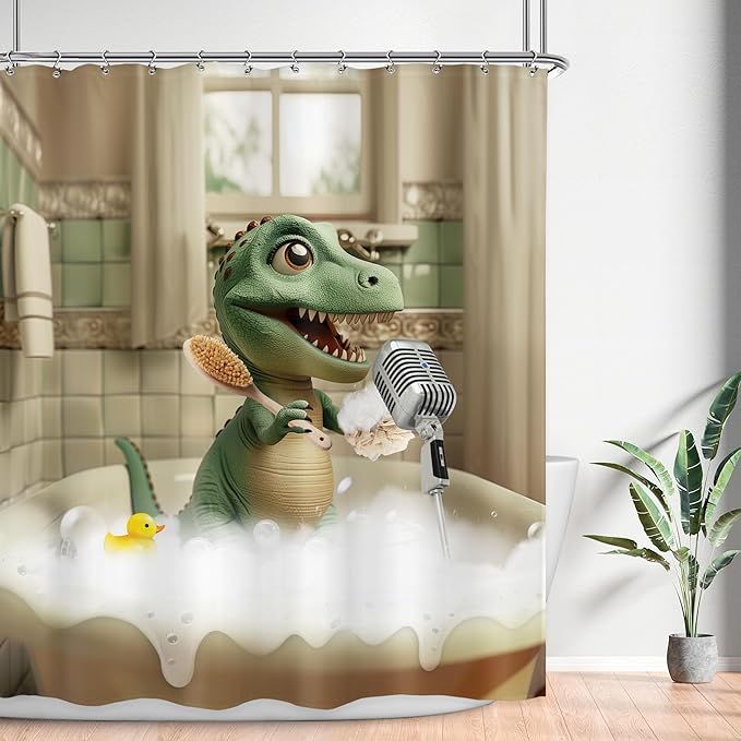 LGhtyro Kids Funny Dinosaur Shower Curtain Bathroom Set 60Wx71H Inches Boys Cartoon Dino Singing in Bathtub Cute Trex Animal Raptor Child Bath Accessories Bubbles Art Home Decor Fabric 12 Pack Hooks