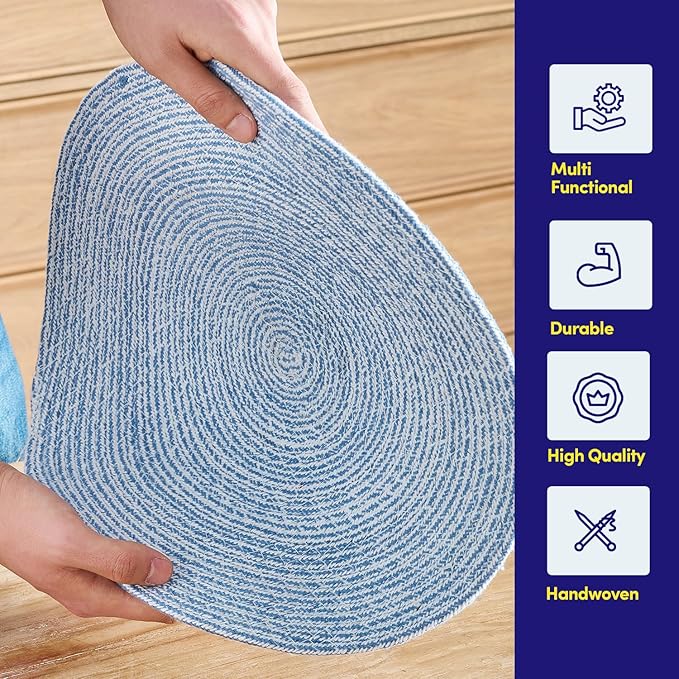 Round Placemats Set of 4-100% Cotton Two-Tone Placemat for Dining Table - Woven Braided Table Setting Place Mat - Washable Table Decor for Kitchen, Farmhouse, Rustic, Everyday Use, Dark Blue