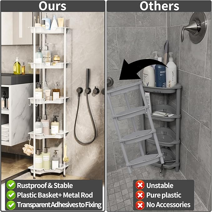 SWTYMIKI Corner Shower Caddy Standing - 5 Tier Floor Standing Shower Organizer with 4 Hooks, Plastic & Stainless Steel Waterproof Corner Stand Shower Shelf Storage Rack for Bathroom, Bathtub, White