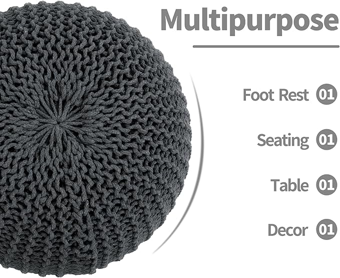 HOMBYS Unstuffed Ottoman Pouf Cover, 100% Cotton Handmade Knitted Ottoman Pouf Cover Round Foot Stool, Floor Bean Bag Chair, Foot Rest with Storage for Living Room Bedroom, Grey(Cover ONLY NO Filler)