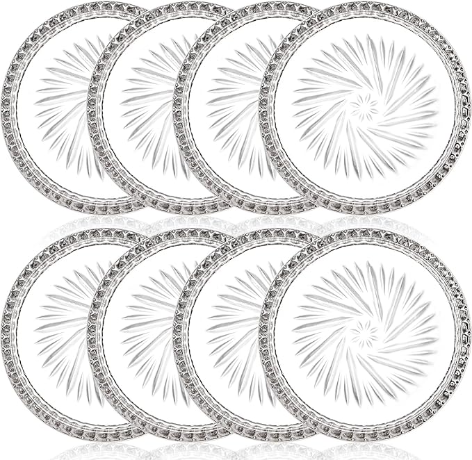 AVLA 8 Pack Crystal Drink Coasters, Glass Round Cup Mat, Clear Decorative Wine Bottle Coasters Barware Set for Table Protection of Home Kitchen, Dining Room, Patio, Coffee Shop, 3.75", Carved Design
