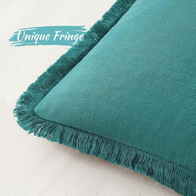 MIULEE Decorative Throw Pillow Covers Neutral Linen Fringe Throw Pillows Set of 2 Teal Boho Farmhouse Cushion Covers with Tassels for Couch Sofa Bed Living Room Spring Home Decor 18x18 Inch